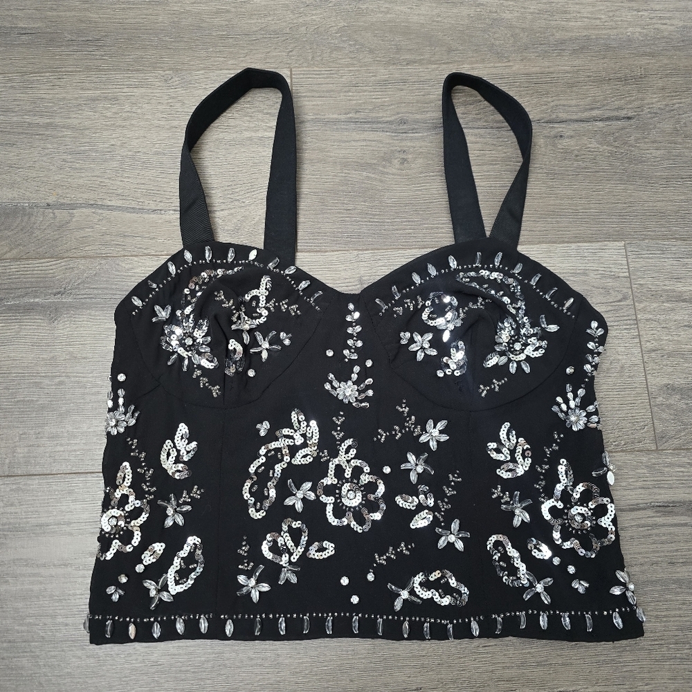 Zara Beaded Jeweled Crop Top Black Bustier Feminine Girly Party Festive